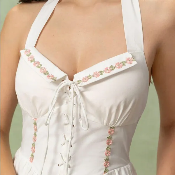 Rihoas White Embroidery A-Line Halter Midi Dress - Image 2
