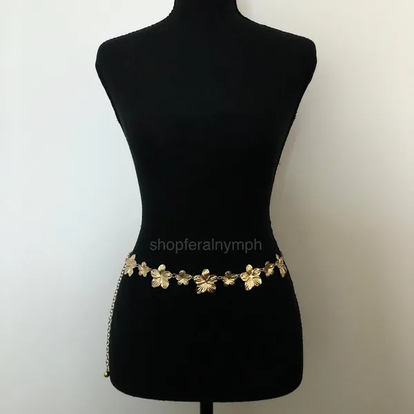 Vintage Y2K Boho Gold Flower Chain Belt, Fits 12.5–36 Inches, X7GA1179 - Image 2