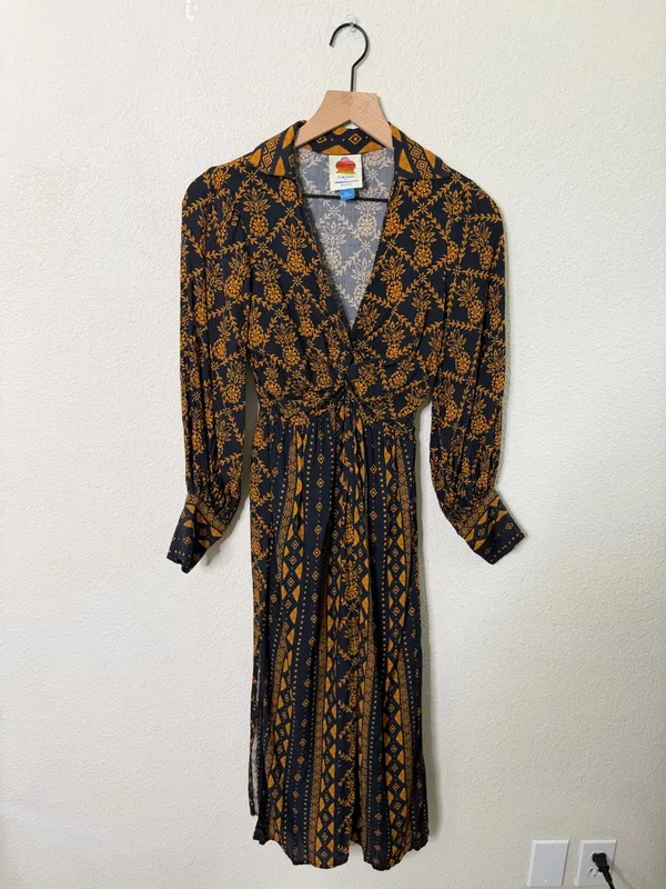 Farm Rio Long-Sleeve‎ V-Neck Printed Tie Front Midi Dress Womens Size XXS - Image 5
