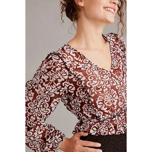 By‎ Anthropologie Jacquard Peasant Blouse Women's Blouse Wine M Ruffle Peplum - Image 4
