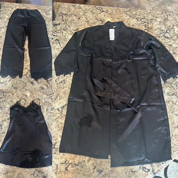 Black Satin Pajama Set Robe Pants Nightie Lace Trim Womens Size M/L New Lingerie - Image 2