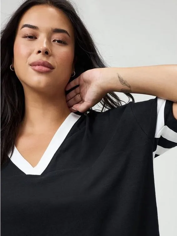 Torrid M/L 10/12 Super Soft Varsity V-Neck Tee Black White Collegiate NWT - Image 7