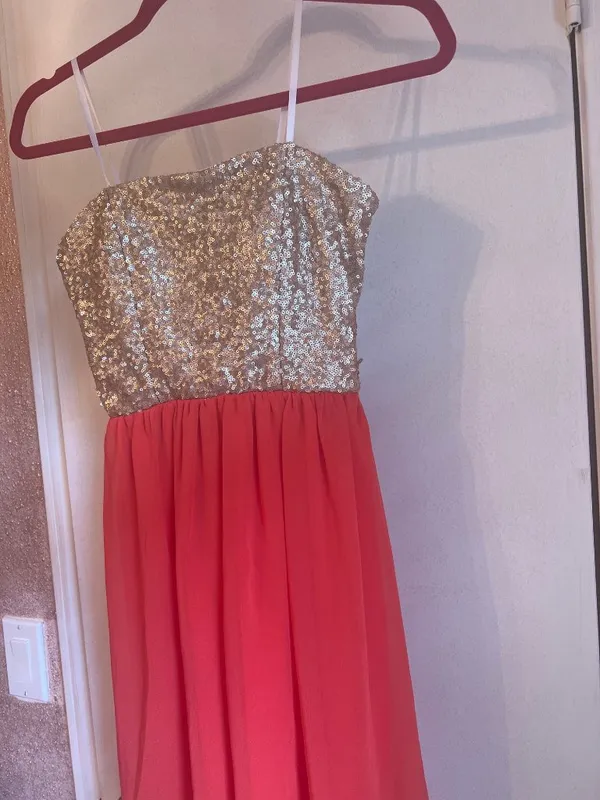 Jodi Kristopher Strapless Sequin Bodice Red Chiffon Dress S - Image 4