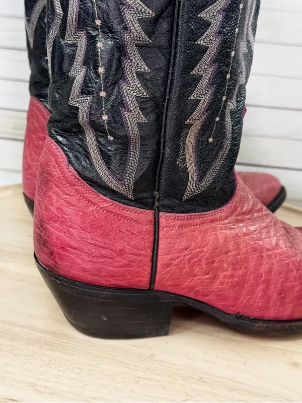 Vintage Dan Post Ostrich Leather Stitched Upper Cowgirl Boots Pink Black‎ 7.5 - Image 7