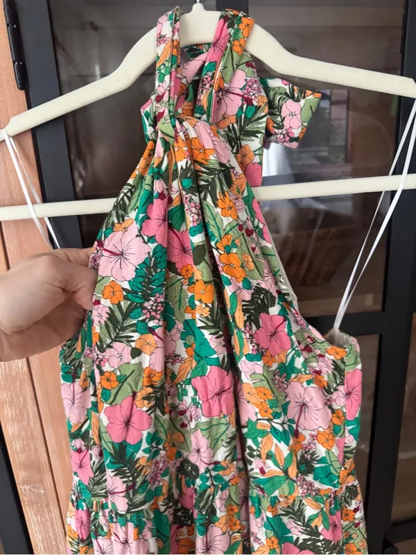 Copper key mini dress colorful floral tropical print halter neck open back linen - Image 5