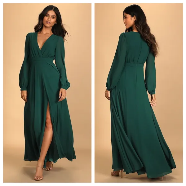 NWOT Lulus Adoring You Chiffon Long Sleeve Maxi Dress Gown Hunter Green Medium - Image 2