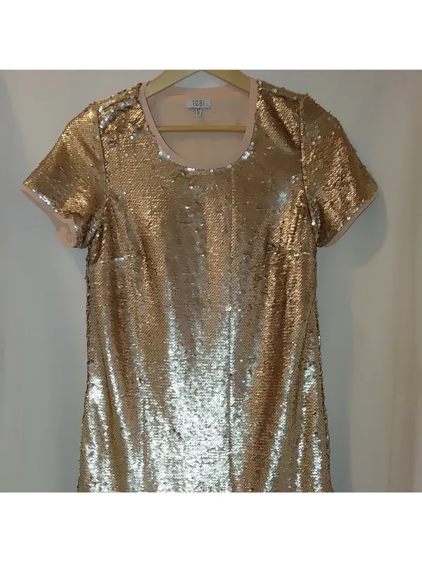 Tobi Shift in Time Sequin Dress Shirt Blush Rose Small Mini Short Sleeves - Image 5