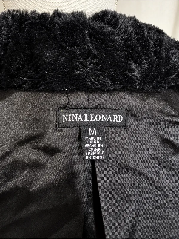 Nina Leonard Black Faux Fur Chevron Bolero Jacket Size M Satin Lined Luxury Glam - Image 7