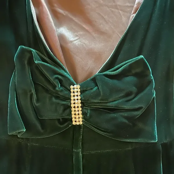 Vintage Forest Green Velvet Rhinestone Backless Bow dress Gown 40s black Tie - Image 3
