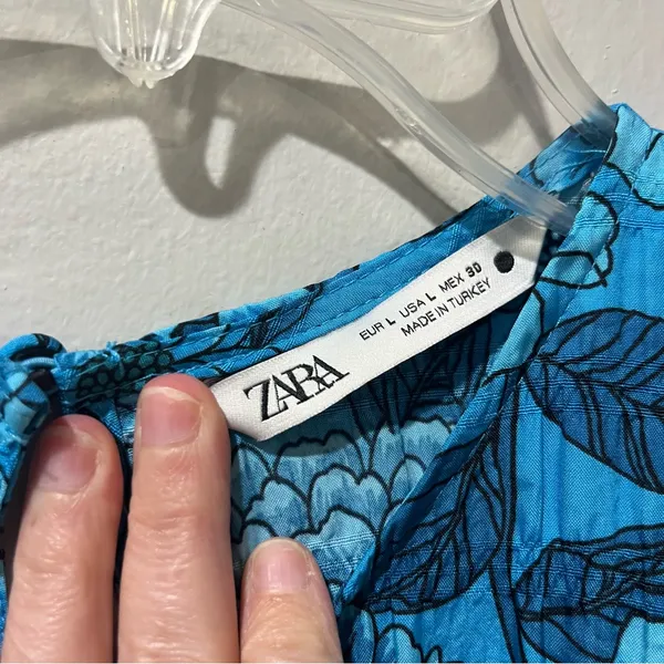 Zara Women's Blue Floral 3/4 Sleeve Mini‎ Dress Size Large Ruffle Casual - Image 6