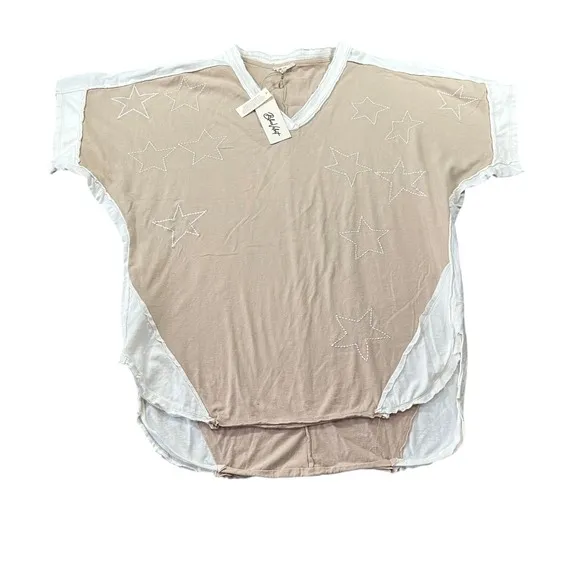 Blue Velvet Tan Star Embroidered V-Neck‎ Cotton Top Two-Tone Boho NEW Oversized - Image 5