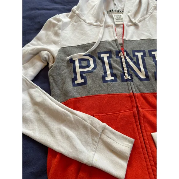 Victorias Secret PINK Full Zip Hoodie XS Red/Orange Colorblock Sweatshirt - Image 8