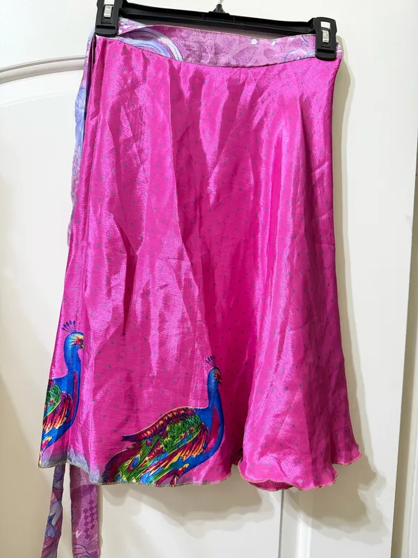 reversible Indian silk wrap skirt in Pink floral “Knee Length” - Image 5