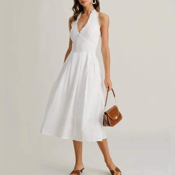Rihoas White V Neck Halter Sleeveless Midi Dress - Image 3
