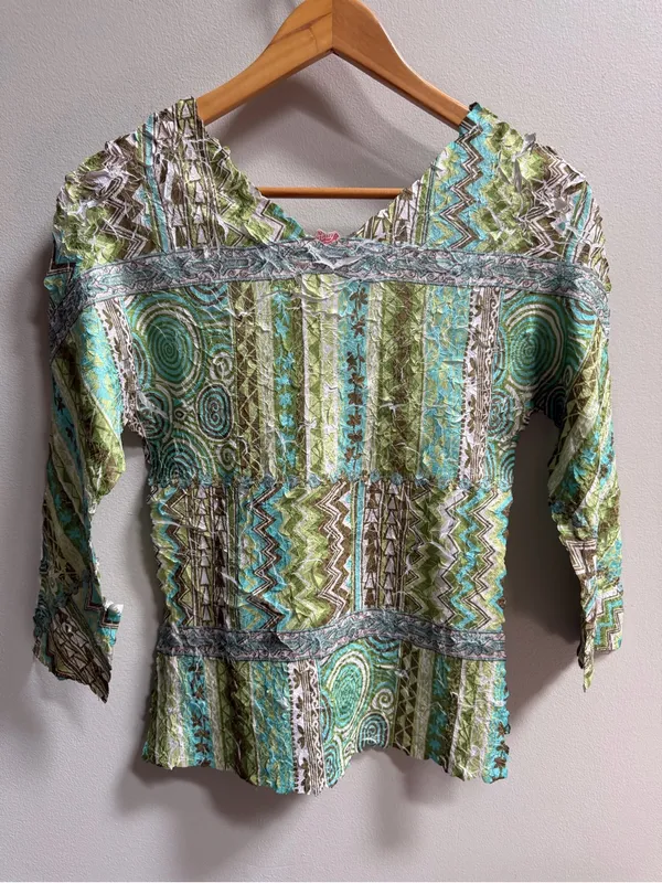 Vintage Y2K‎ Crinkle Mesh Patchwork Top Artsy Boho Festival Stretch Fairy Glam - Image 8