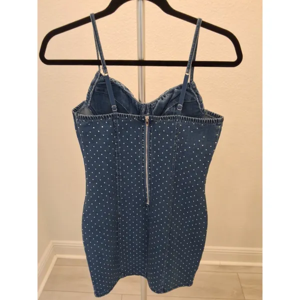 IRIS Polka Dot Sleeveless Zip Size M Adjustable Straps Jewel Cubic Jean Bodycon - Image 3