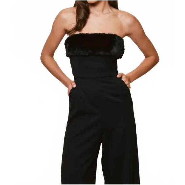 Anthropologie Hutch Faux Fur Trim Strapless Black Jumpsuit Size 14 Wide-Leg - Image 4