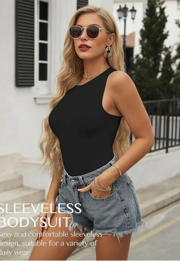 NEW Black Crew Neck Sleeveless Bodysuits Racerback Leotard S - Image 5