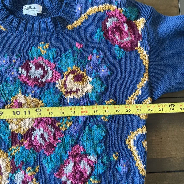All Points Floral Knit Sweater Womens Size M Blue Vintage 90s Cotton Butter Mom - Image 9