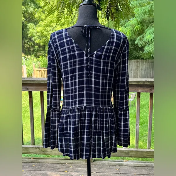 Maurices Navy Checkered Blouse with Flared Sleeves medium - Image 3