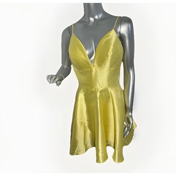 Sherri Hill 52379 Yellow Satin Short Cocktail Dress Fit & Flare Size 8 V-Neck - Image 3