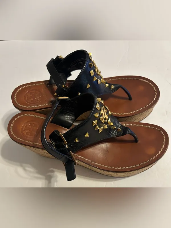 Tory Burch Black Leather Studded Thong Sandals with Gold Emblem - Image 2
