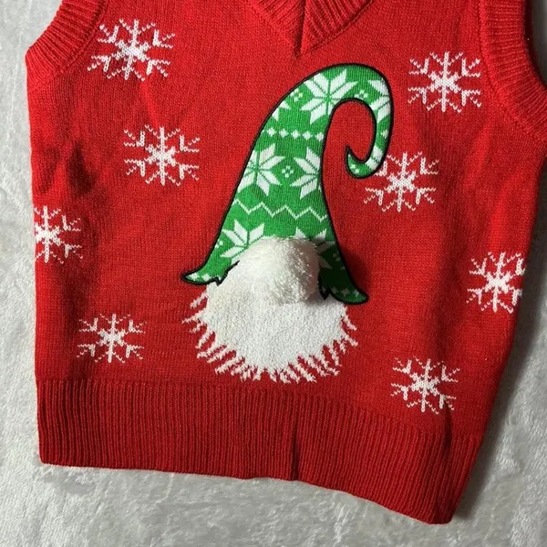 Poof Ugly Christmas Gnome Sweater Vest Womens Small Red Snowflake Pom Pom V-Neck - Image 3