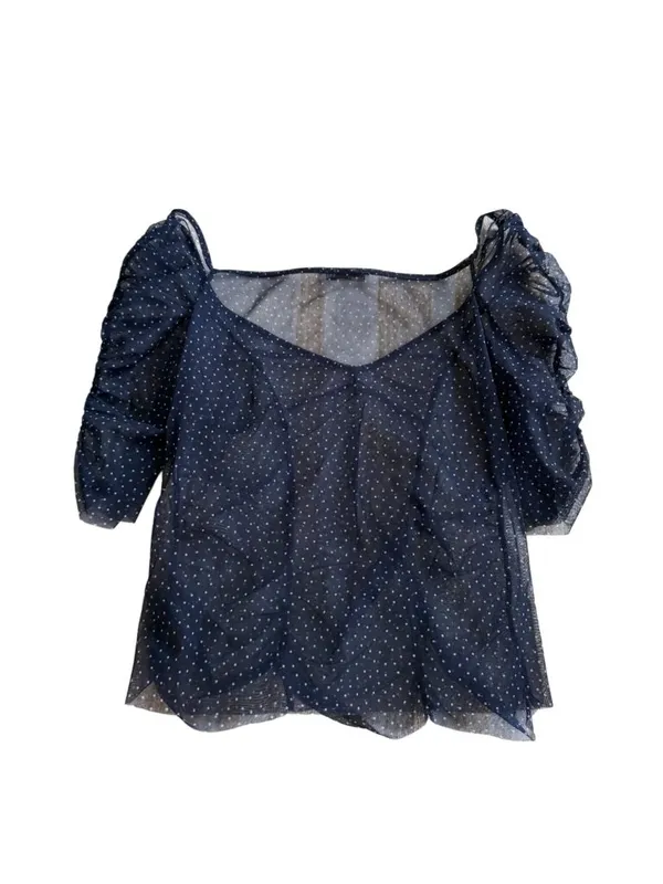 ZARA Navy Blue Sheer Polka Dot Top Size Medium - Image 2