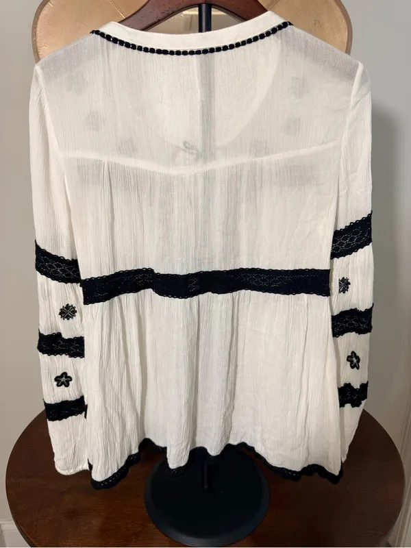 Free People White Button Down Top Black Embroidery & Lace Detail Boho Festival - Image 11