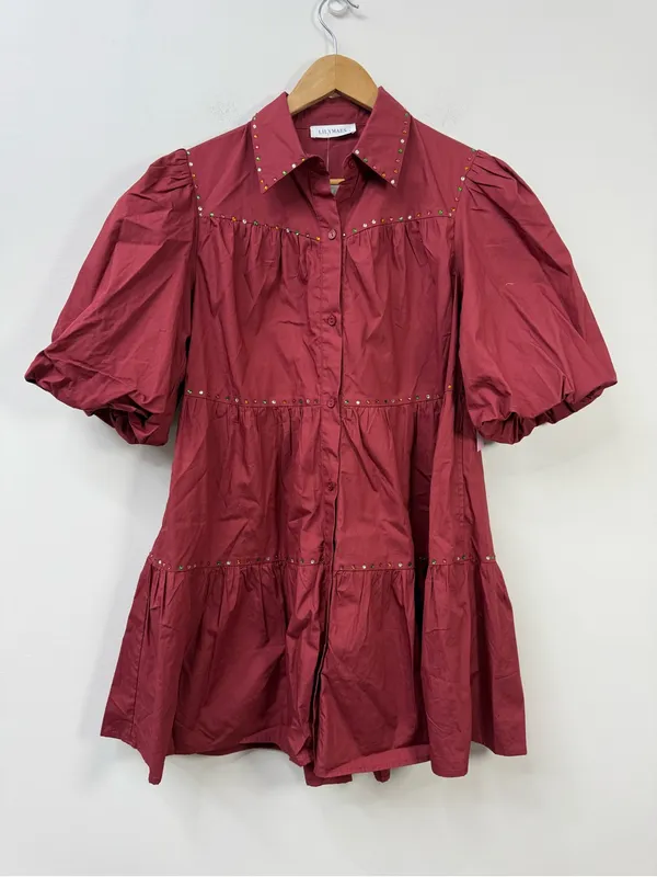 Tiered Puff-Sleeve Mini Dress in Burgundy size S - Image 3