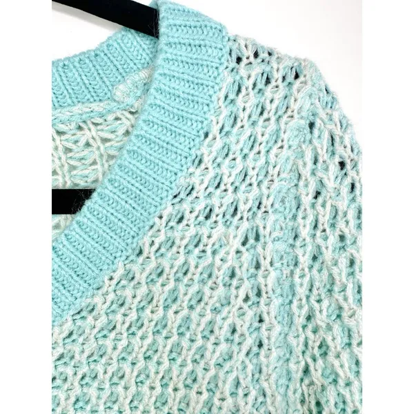 POOF! Womens Size S Open Knit V-Neck Sweater Aqua Blue White Hi-Low Boho Coastal - Image 7