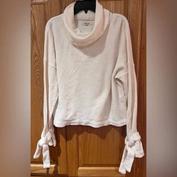 Madewell Mockneck Bell Sleeve Tie-Cuff Top Shirt‎ in Bright Ivory Size Medium - Image 5