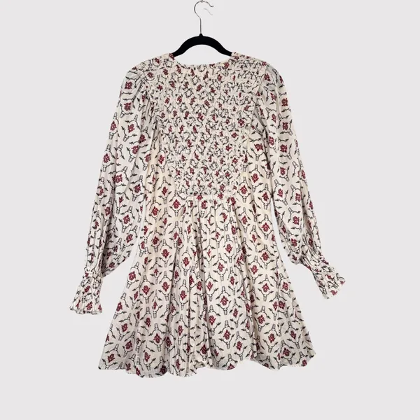ZARA Mini Dress Beige Floral Puff Sleeve V Neck Lace Up Ruffle A Line Boho XS - Image 4