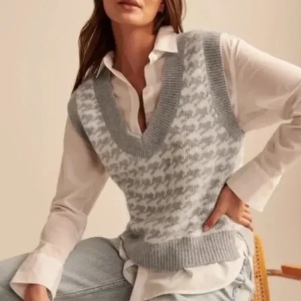Abercrombie Houndstooth Sweater Vest Gray Preppy Golfcore V Neck Knit Size S - Image 2