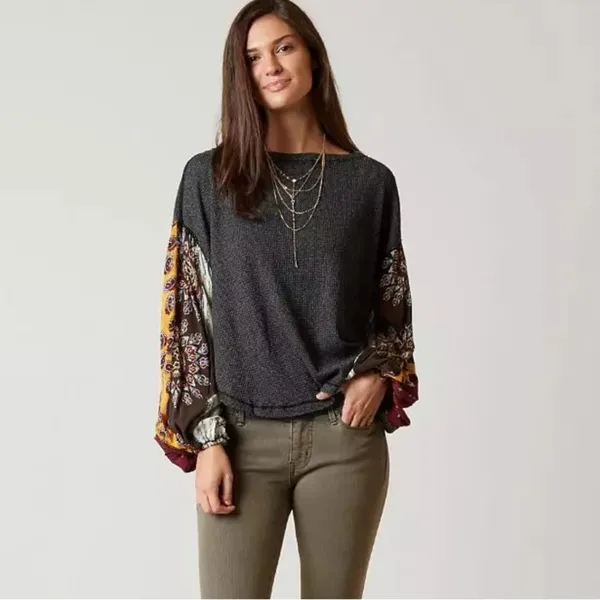 Free people Blossom Thermal Top‎ ballon sleeve patchwork Sz XS oversized - Image 3