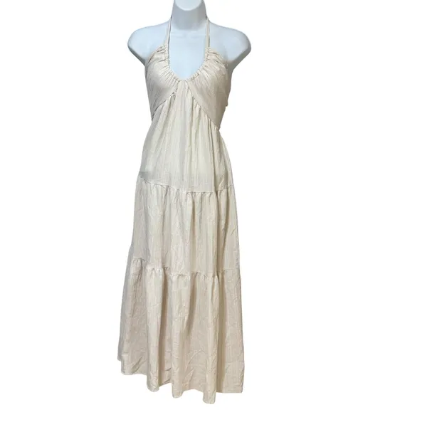 Womens Cream Halter Neck Open Back Tiered Maxi Dress Small Boho Beach Vacation - Image 3
