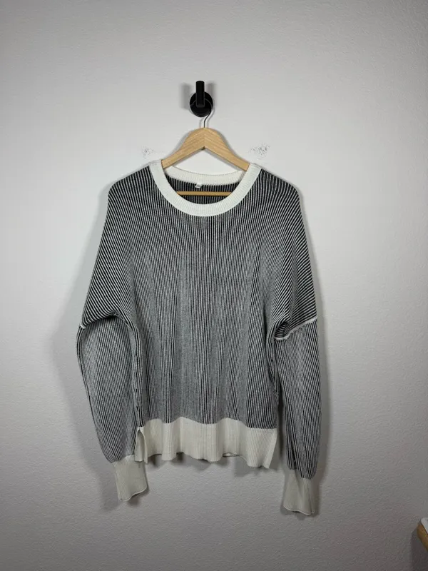 Oversized Ribbed Sweater Women Contrast Hem Crewneck Relaxed Knit Size M - Image 5