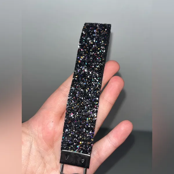 Handmade Black Rainbow Confetti Glitter Canvas Faux Leather Wristlet Keychain - Image 5