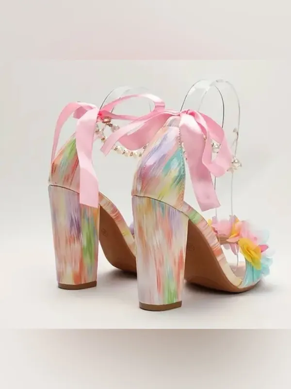 Multicolor Floral Pearl-Ankle Block Heel Sandals - Women - Image 3