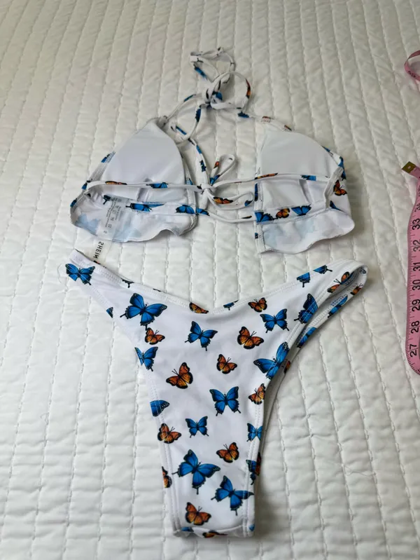 SHEIN White Bikini Set of Two with Blue & Orange Butterfly Print Size S - Image 4