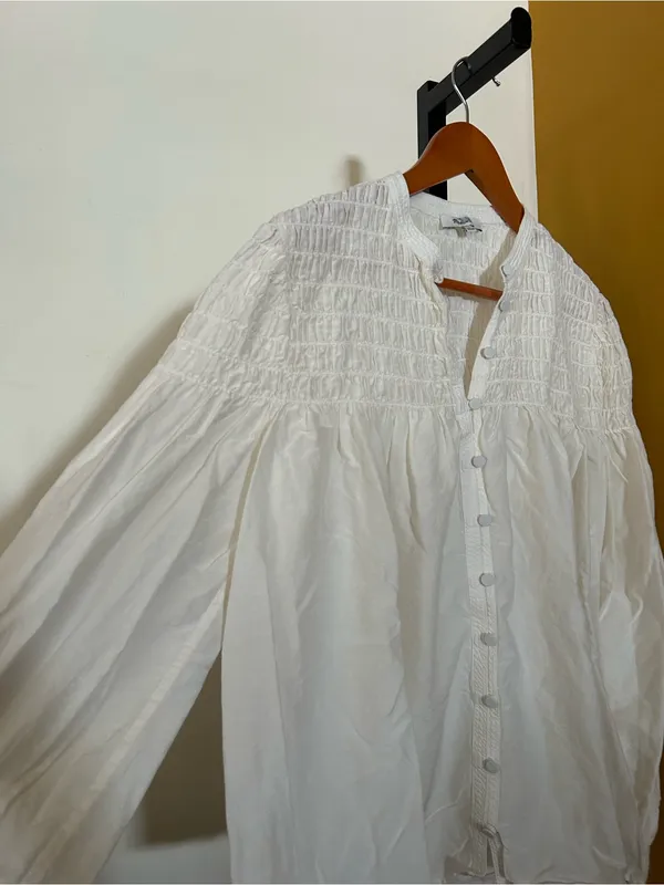 Madewell Smocked Top in Cotton Silk Blend Button Front Shirt Cream Blouse‎ Large - Image 4