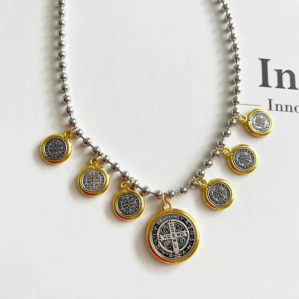 Anthropologie Gold Silver Plated Dangling Coins Necklace Beaded Chain stainless steel jewelry - Image 2