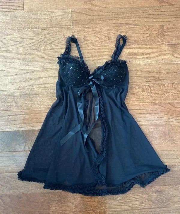 Victoria's Secret Sexy little things Sheer front tie baby doll Chemise Black - Image 9
