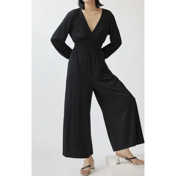 Anthropologie Hutch Smocked Waist Wide Leg Jumpsuit Minimalist Lagenlook Large‎ - Image 2