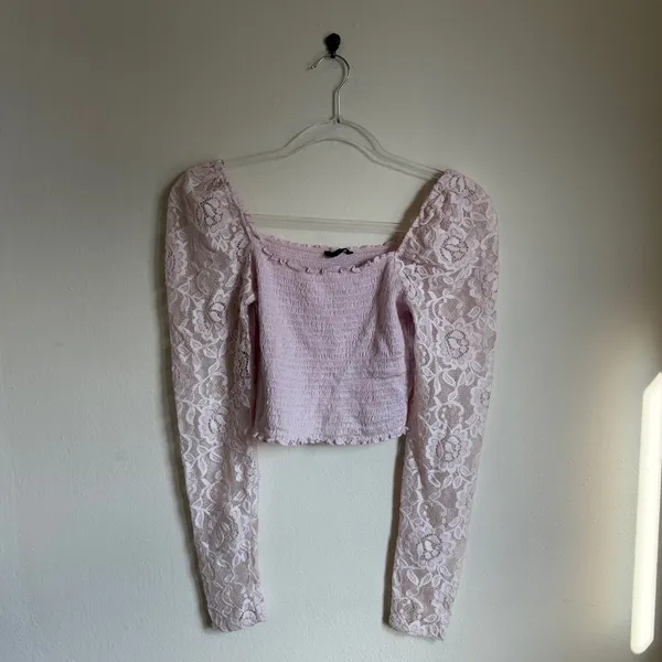 Guess Pink Nila Smocked Lace Long sleeve Crop Top - Image 2