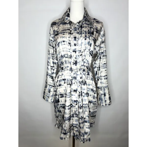 Banana Republic XS Abstract Shirt Dress NWT Belted Long Sleeve Blue White‎ Midi - Image 6