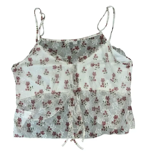 Lulus Women Camisole Top White Pink Floral Lace Ruffle Tie Front Coquette Large - Image 3