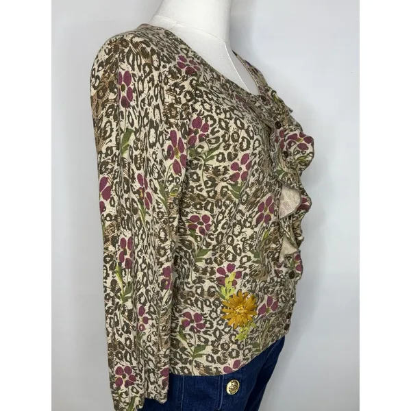 Anthropologie Sparrow Purrfect Posy Cardigan M Leopard Floral Ribbon Wool - Image 3