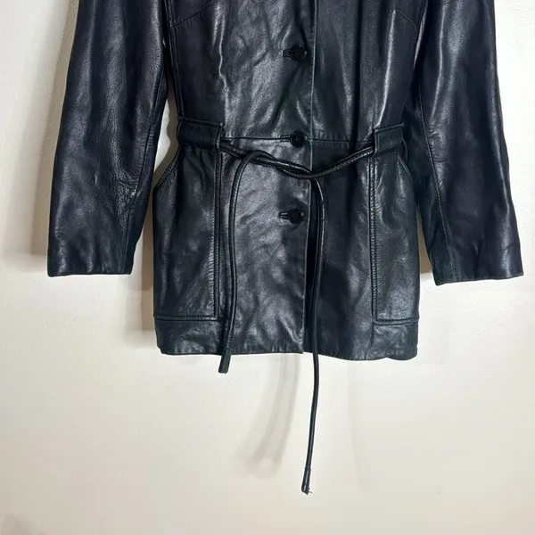 Vtg winlit ladies Y2K black leather jacket cinch waist size small retro‎ - Image 3