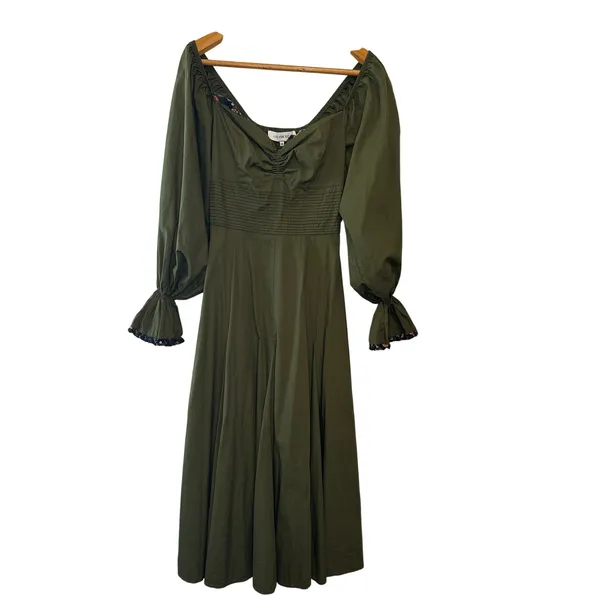 Lug‎ Von Siga Army Green Serena Ruffle Cotton Poplin Midi Dress Size 6 - Image 3